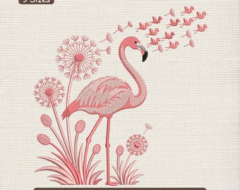 Broderidesign med flamingoblommor och natt, maskinbroderimönster med tropisk trädgård och maskrosor – DST PES JEF, 9 storlekar