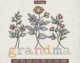 Floral Grandma Embroidery Design : Granny Machine File DST PES | 9 Sizes | Instant Download