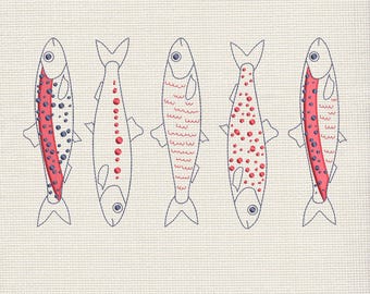 Maskinbroderidesign för sardiner, fiskbroderifil, sommarköksdekor, sardiner PES-fil, havsbroderi, 9 storlekar ingår