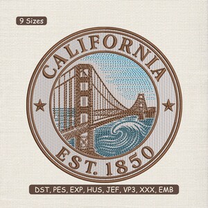Könnte beinhalten: Gestickter Aufnäher mit der Golden Gate Bridge, dem Schriftzug "CALIFORNIA" und "EST. 1850". Das runde Design hat einen braunen Rand und zwei Sterne. Erhältlich in 9 Größen. Geeignet für verschiedene Stickprojekte.