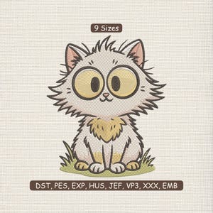 May include: An embroidered design of a cartoon cat with large yellow eyes, sitting on green grass. The cat has white fur with black outlines. Text at the top reads "9 Sizes" and at the bottom "DST, PES, EXP, HUS, JEF, VP3, XXX, EMB".