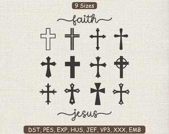Ensemble de broderie croix chrétienne : jeu de fichiers Machine Faith Croix Jésus DST PES | 9 tailles | Téléchargement instantané