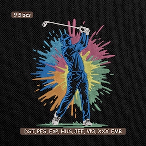 Golfer Color Splash Embroidery Design, Golf Lover Sports Machine Embroidery File – PES DST, 9 Sizes
