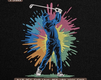 Golfer Color Splash Embroidery Design, Golf Lover Sports Machine Embroidery File – PES DST, 9 Sizes