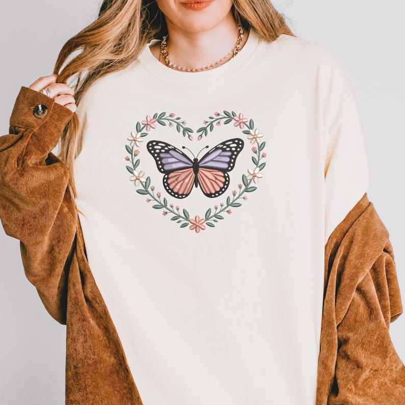 Butterfly Floral Heart Embroidery Design, Romantic Spring Garden ...