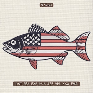May include: Embroidered fish design featuring the American flag. The fish has a navy blue body with red and white stripes and a section of white stars on a blue background. The design is available in 9 sizes.