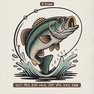 Puede incluir: Diseño bordado de un róbalo saltando fuera del agua, con una línea de pesca arriba. El pez está detallado con tonos de verde, beige y gris. La imagen incluye el texto "9 Sizes" y formatos de archivo de bordado.