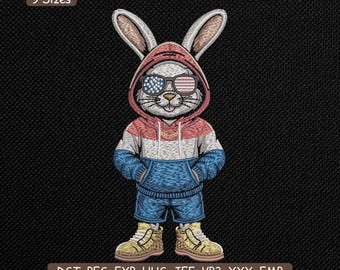 Cool Bunny Hoodie Embroidery Design, Cute USA Animal For Kids Machine Embroidery File – PES DST, Multi Size Included