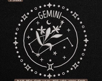 Gemini Zodiac Botanical Circle Embroidery Design, Astrology Star Sign Art Machine Embroidery File – DST PES JEF, 9 Sizes