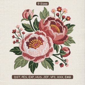 Puede incluir: Diseño floral bordado con dos grandes peonías en tonos rosa y rojo, con centros amarillos y hojas verdes. El diseño incluye capullos y pequeñas flores rojas. El texto "9 Sizes" está en la parte superior y "DST, PES, EXP, HUS, JEF, VP3, XXX, EMB" en la inferior.