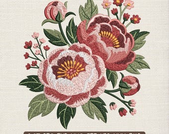 Desenho de bordado botânico de rosa vintage, padrão de bordado detalhado de jardim floral – DST PES JEF, 9 tamanhos