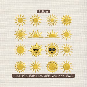 Könnte beinhalten: Eine Sammlung gelber Sonnenstickmuster in verschiedenen Stilen, darunter lächelnde Gesichter und Strahlen. Das Bild enthält den Text "9 Sizes" und Dateiformatabkürzungen: DST, PES, EXP, HUS, JEF, VP3, XXX, EMB.