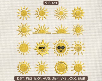 16 Sun Icon Bundle Embroidery Design File | Smiley Sunglass Shining Sun Embroidery Design DST  PES File | Cute Sun Embroidery Design 9 Size