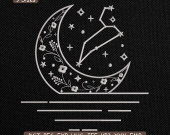 Leo Constellation Embroidery Design, Zodiac Moon Stars Machine Embroidery File – DST PES JEF, 9 Sizes