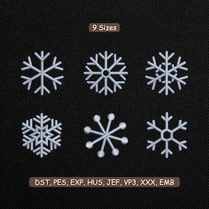 May include: Six white snowflake designs on a black background. The snowflakes vary in style, with some having intricate details and others featuring simple lines and dots. The text "9 Sizes" is at the top, and the text "DST, PES, EXP, HUS, JEF, VP3, XXX, EMB" is at the bottom.