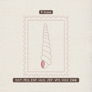 Könnte beinhalten: Gesticktes Design einer Spiralmuschel in einem postkartenähnlichen Rahmen. Das Design ist in Braun- und Rosatönen gehalten, mit dem Text "9 Sizes" darüber und Dateityp-Abkürzungen darunter.