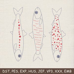 Könnte beinhalten: Drei gestickte Fischdesigns in Blau und Rot auf beigem Hintergrund. Die Fische haben unterschiedliche Muster, darunter rote Punkte und wellenförmige Linien. Der Text "DST, PES, EXP, HUS, JEF, VP3, XXX, EMB" befindet sich unten.