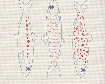 Motif de broderie Machine sardines, motif de broderie poisson, fichier de broderie sardines, broderie poisson PES, sardines pes, broderie d'été