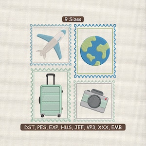 May include: Embroidered travel-themed designs featuring an airplane, globe, suitcase, and camera within postage stamp frames. The text "9 Sizes" is at the top, and "DST, PES, EXP, HUS, JEF, VP3, XXX, EMB" is at the bottom.