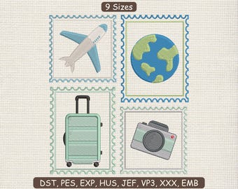 May include: Embroidered travel-themed designs featuring an airplane, globe, suitcase, and camera within postage stamp frames. The text "9 Sizes" is at the top, and "DST, PES, EXP, HUS, JEF, VP3, XXX, EMB" is at the bottom.