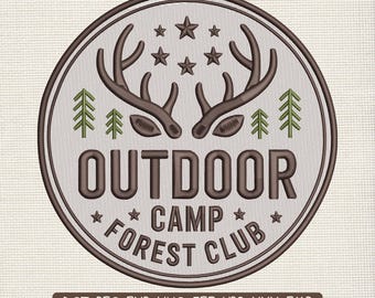 Outdoor Adventure Embroidery Design, Forest Camp Club Antler Badge Machine Embroidery File – DST PES JEF, 9 Sizes