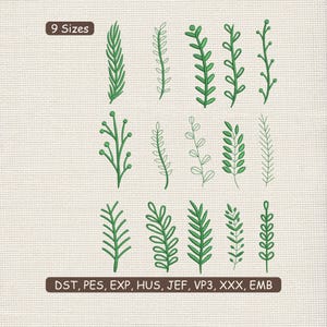 May include: An image featuring nine different green leaf and stem designs. The text "9 Sizes" is at the top, and "DST, PES, EXP, HUS, JEF, VP3, XXX, EMB" is at the bottom. The designs are displayed on a neutral, textured background.