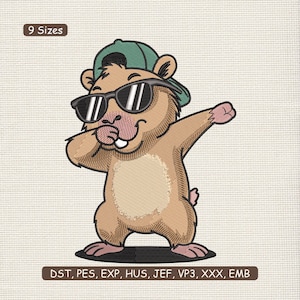 May include: Embroidered design of a brown hamster wearing sunglasses and a green cap, dabbing with its arm raised. The design includes the text "9 Sizes" and file type abbreviations.