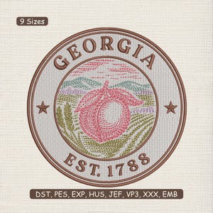 May include: Embroidered patch featuring the word "GEORGIA" in brown, encircling a peach design. The patch includes the text "EST. 1788" and two stars. The design is set against a light gray background with a brown border. The patch is available in 9 sizes.