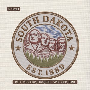 May include: Embroidered patch featuring the South Dakota state seal. The design includes the text "SOUTH DAKOTA" and "EST. 1889" surrounding an image of Mount Rushmore. The patch is circular with a brown border and two stars.