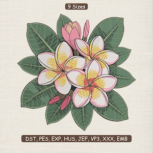 Könnte beinhalten: Gesticktes Blumendesign mit weißen, rosa und gelben Frangipani-Blüten und grünen Blättern. Der Text "9 Sizes" und Dateityp-Abkürzungen sind enthalten.