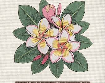 Desenho de Bordado Floral de Plumeria, Padrão de Bordado à Máquina Botânico de Flor Tropical – DST PES JEF, 9 Tamanhos