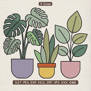 Può includere: Un disegno ricamato con tre piante in vaso con foglie verdi e vasi colorati. I vasi sono in tonalità di viola, giallo e rosa. Il testo "9 Sizes" è in alto e "DST, PES, EXP, HUS, JEF, VP3, XXX, EMB" in basso.