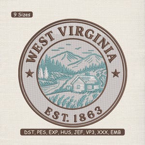 Broderidesign för bergsstuga i West Virginia, maskinbroderifil för resor i Appalacherna – PES VP3, 9 storlekar