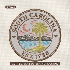 May include: Embroidered patch featuring the South Carolina state seal. The design includes a crescent moon, palm tree, mountains, and the text "SOUTH CAROLINA EST. 1788". The patch is circular with a brown border and star accents.