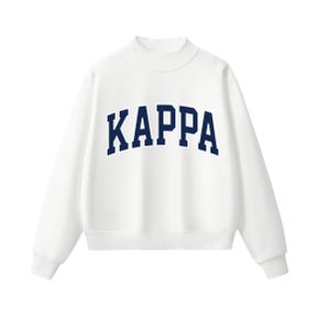 May include: A white long-sleeve sweatshirt featuring a mock neck collar and the word KAPPA printed in a dark navy blue collegiate-style font across the chest. The garment has ribbed cuffs and a ribbed hem, providing a structured fit.