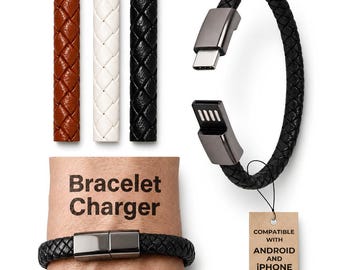 Pulsera cargadora USB C para iPhone, cargador de viaje de cuero trenzado, pulsera de carga, regalo tecnológico portátil para el Día del Padre o para él.
