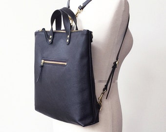 Black Leather Backpack, Convertible Backpack, Professional Work Bag, Women's Backpack, Laptop Backpack, Laptop Tote, Rucksack, Travel Bag