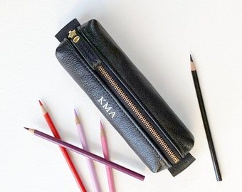 Personalized Leather Pencil Case, Pen and Pencil Zipper Pouch with Customized Name, Monogrammed Cosmetic Brush Bag, Gift for Graduate