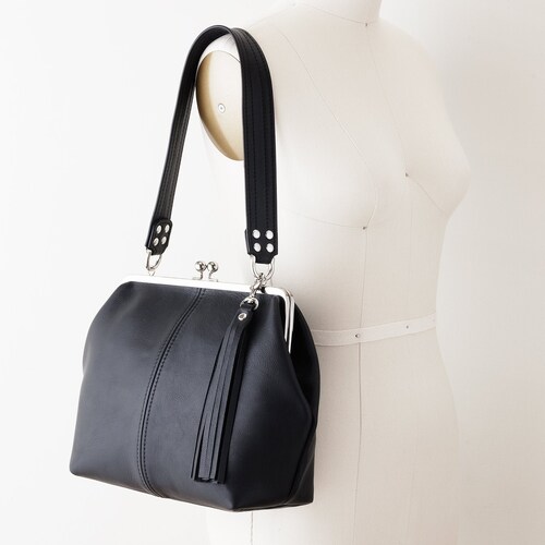 Kiss Lock Frame Handbag With Exterior Zip Pocket Leather Etsy