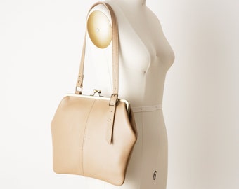 Taupe Leather Kiss Lock Handbag with Adjustable Shoulder Strap, Top Closure Frame Purse, Vintage Style Handbag with Adjustable Buckle Strap
