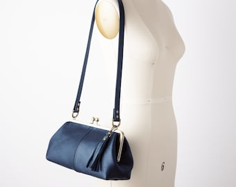 Petite Navy Leather Kiss Lock Shoulder Bag, Crossbody Frame Bag, Retro Style Kiss Lock Handbag, Small Vintage Style Purse