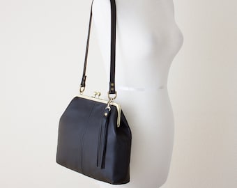 Leather Kiss Lock Frame Purse, Kiss Lock Crossbody Handbag, Retro Style Top Closure Bag