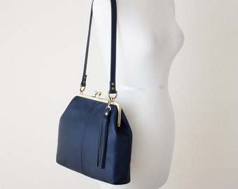 Navy Leather Kiss Lock Frame Purse, Kiss Lock Crossbody Handbag, Vintage Style Top Closure Purse