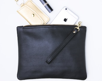 Leather Zipper Clutch with Detachable Wrist Strap, Fold Over Clutch, Everyday Zipper Clutch