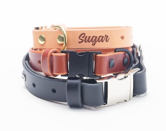 Personalized Leather Dog Collar, Laser Engraved Name, Quick Release Buckle