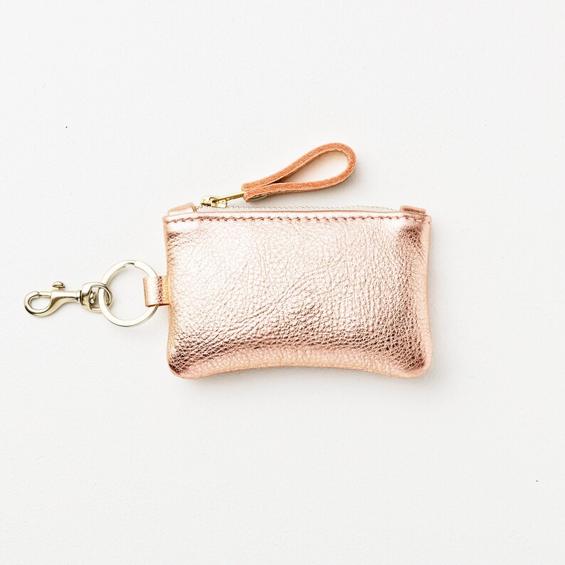 Metallic Leather Keychain Zip Wallet Rose Gold Keychain Etsy