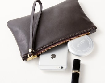 Dark Brown Zip Clutch with Wrist Strap, Leather Wristlet with Multiple Color Options, Cell Phone Wallet with Strap