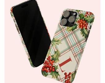 Custom Initial Retro Plaid iPhone SLIM Case, Monogram Christmas Holly Phone Cover, Series iPhone 15 14 13 12 11 X XR XS 8 Pro Max Plus Mini