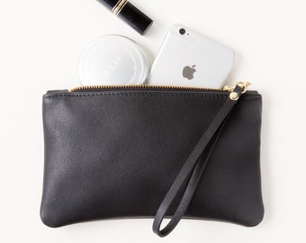 Leather Clutch with Top Zipper Closure and Wrist Strap, Leather Wristlet, Cell Phone Pouch