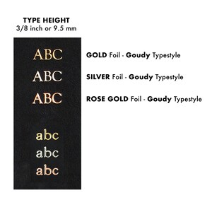 Foil color options with typeface for monogrammed small leather clutch.